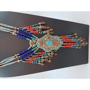 Vintage Tibetan Silver Turquoise Coral Necklace Nepal Pendant